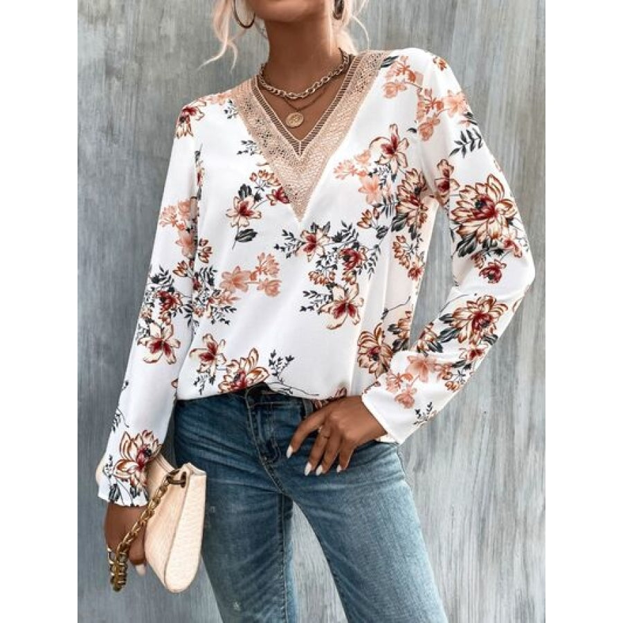 Printed V-Neck Long Sleeve Blouse White / S Clothing