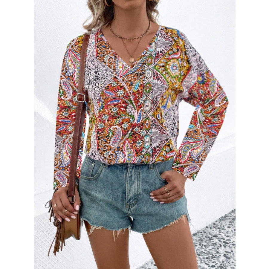 Printed V-Neck Long Sleeve Blouse Yellow-Green / L Apparel and Accessories