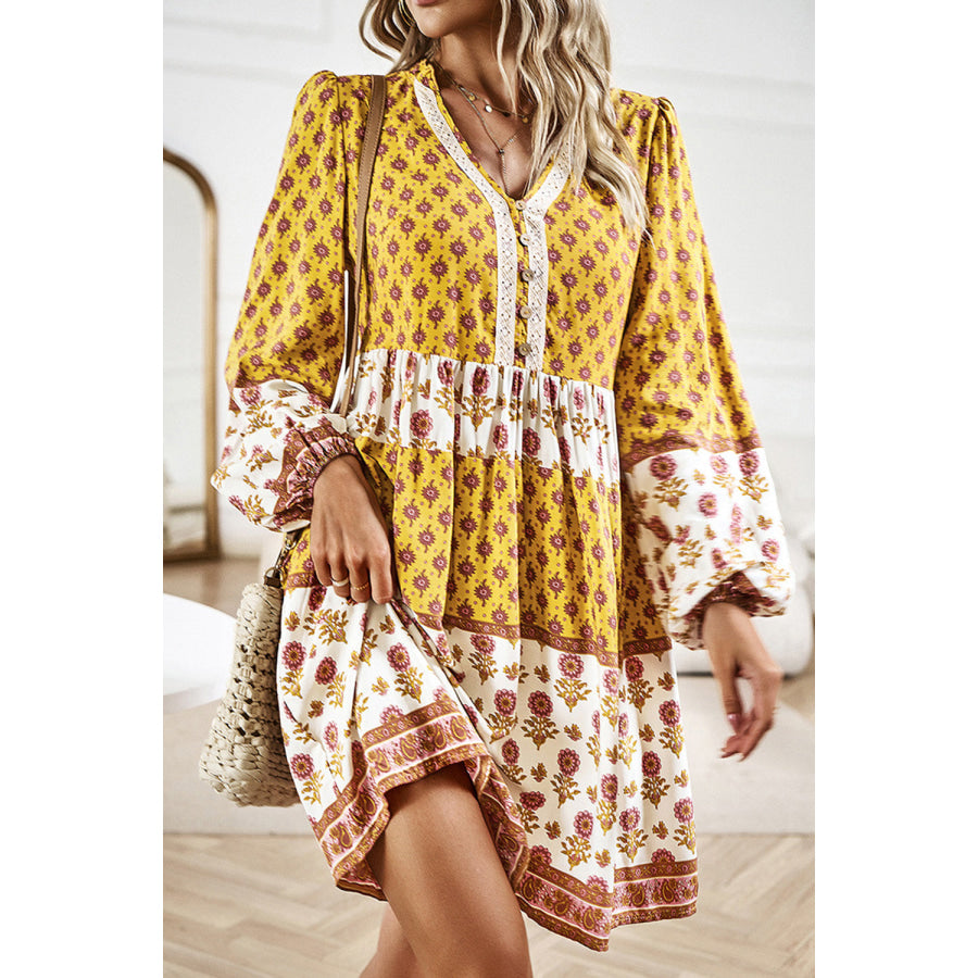 Printed V - Neck Long Sleeve Dress Apparel and Accessories