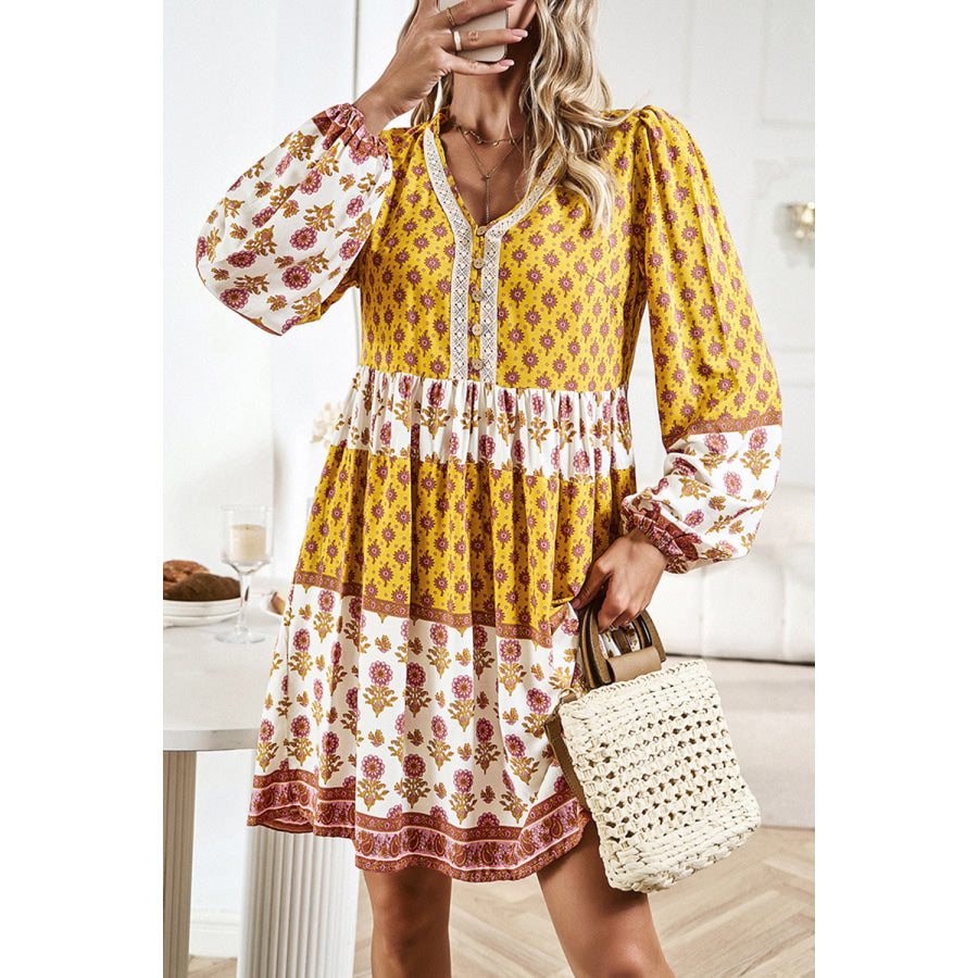 Printed V - Neck Long Sleeve Dress Apparel and Accessories