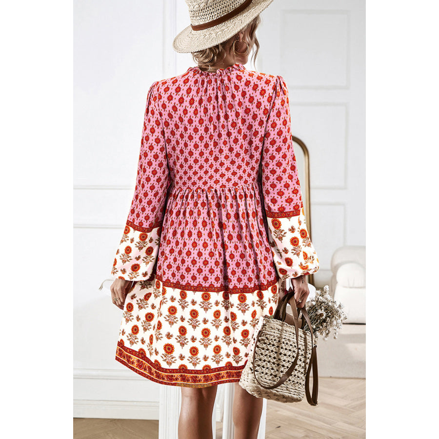 Printed V - Neck Long Sleeve Dress Fuchsia Pink / S Apparel and Accessories