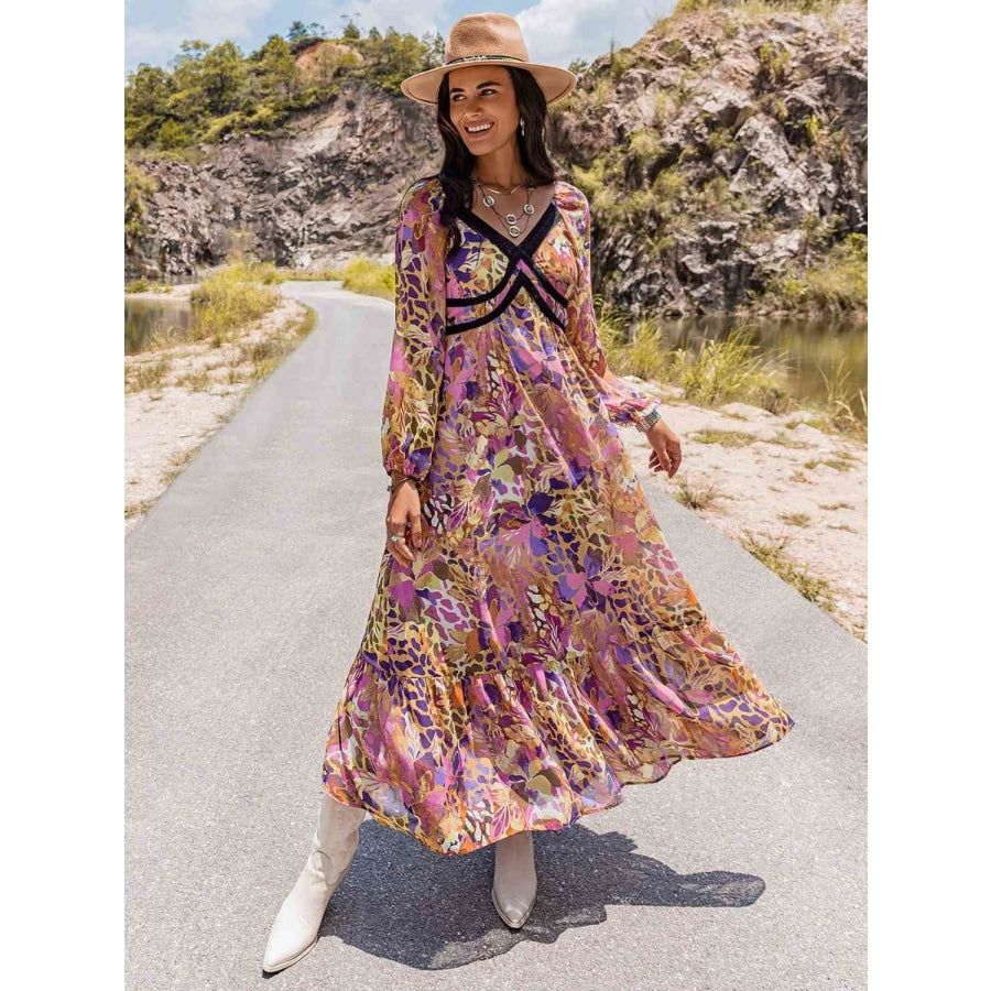 Printed V-Neck Long Sleeve Dress Clothing