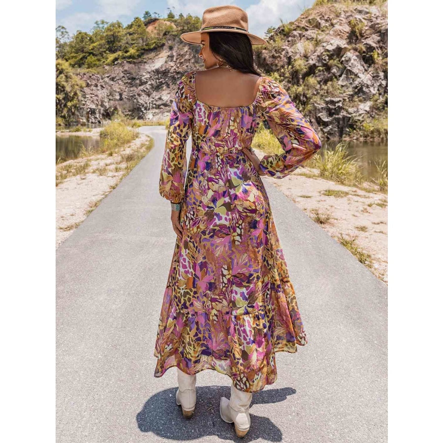 Printed V-Neck Long Sleeve Dress Clothing