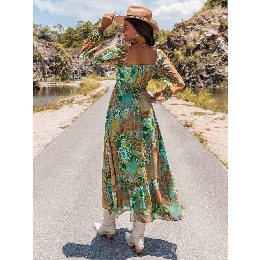 Printed V-Neck Long Sleeve Dress Clothing