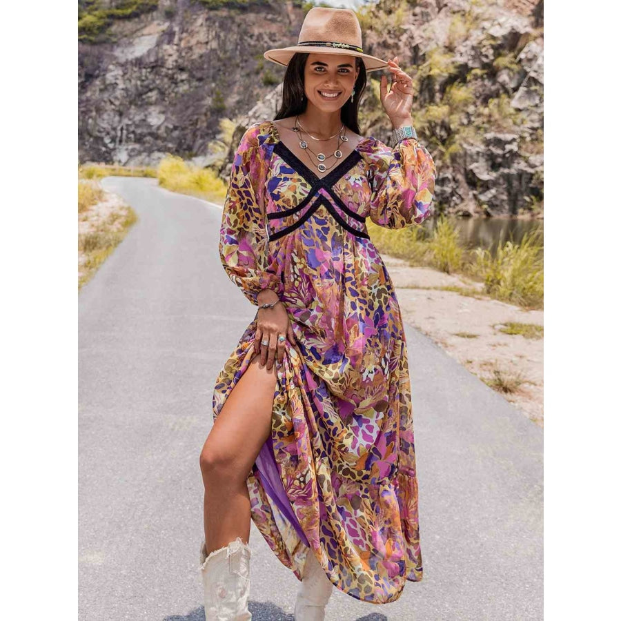 Printed V-Neck Long Sleeve Dress Clothing