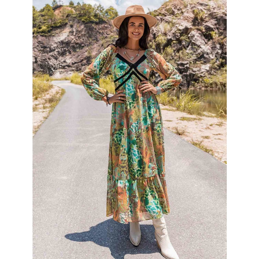 Printed V-Neck Long Sleeve Dress Clothing