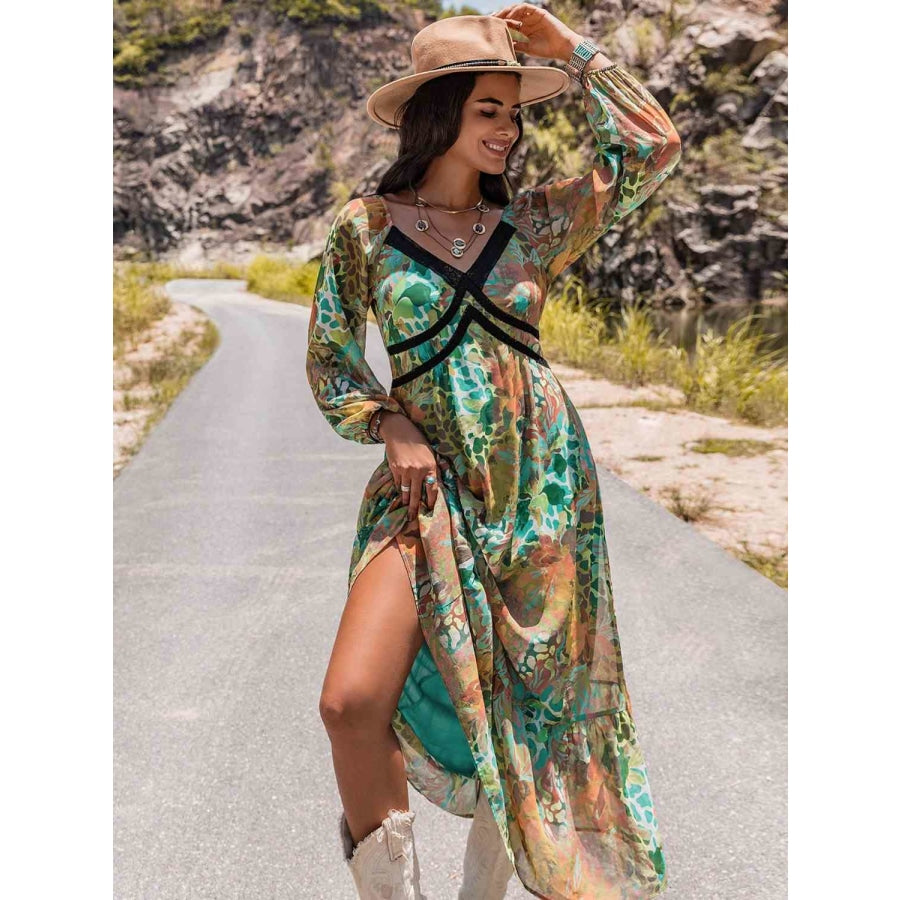 Printed V-Neck Long Sleeve Dress Clothing