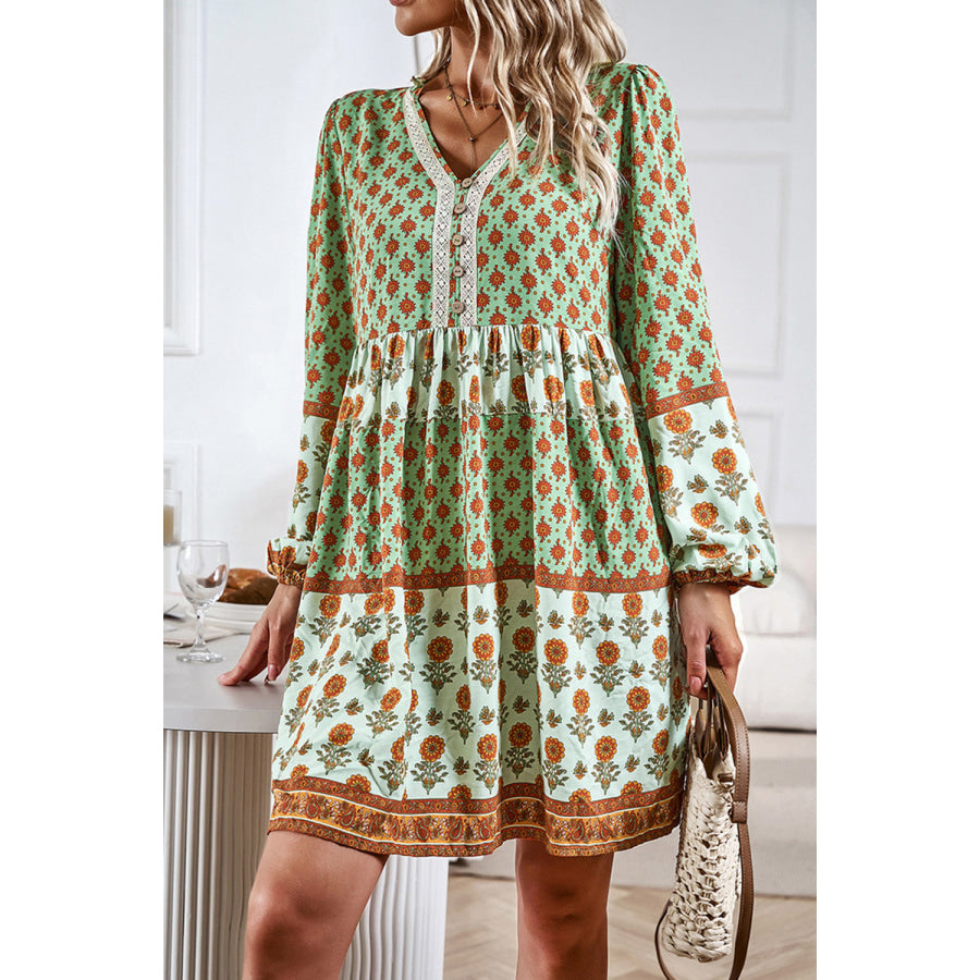 Printed V - Neck Long Sleeve Dress Gum Leaf / S Apparel and Accessories