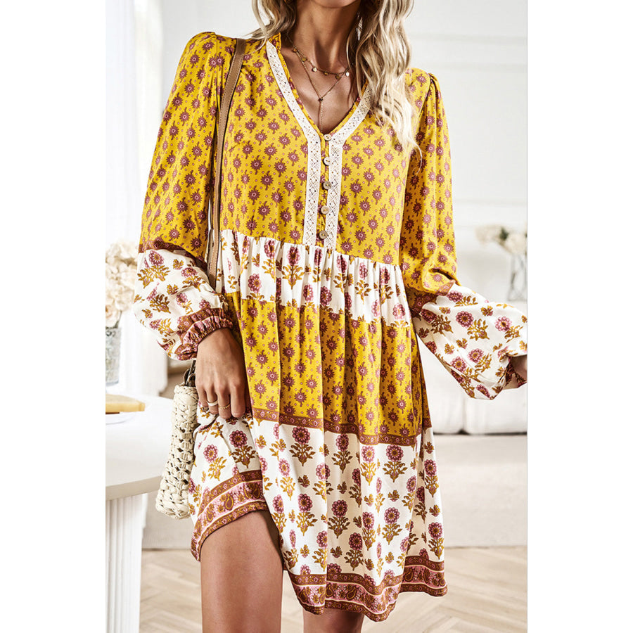 Printed V - Neck Long Sleeve Dress Yellow / S Apparel and Accessories