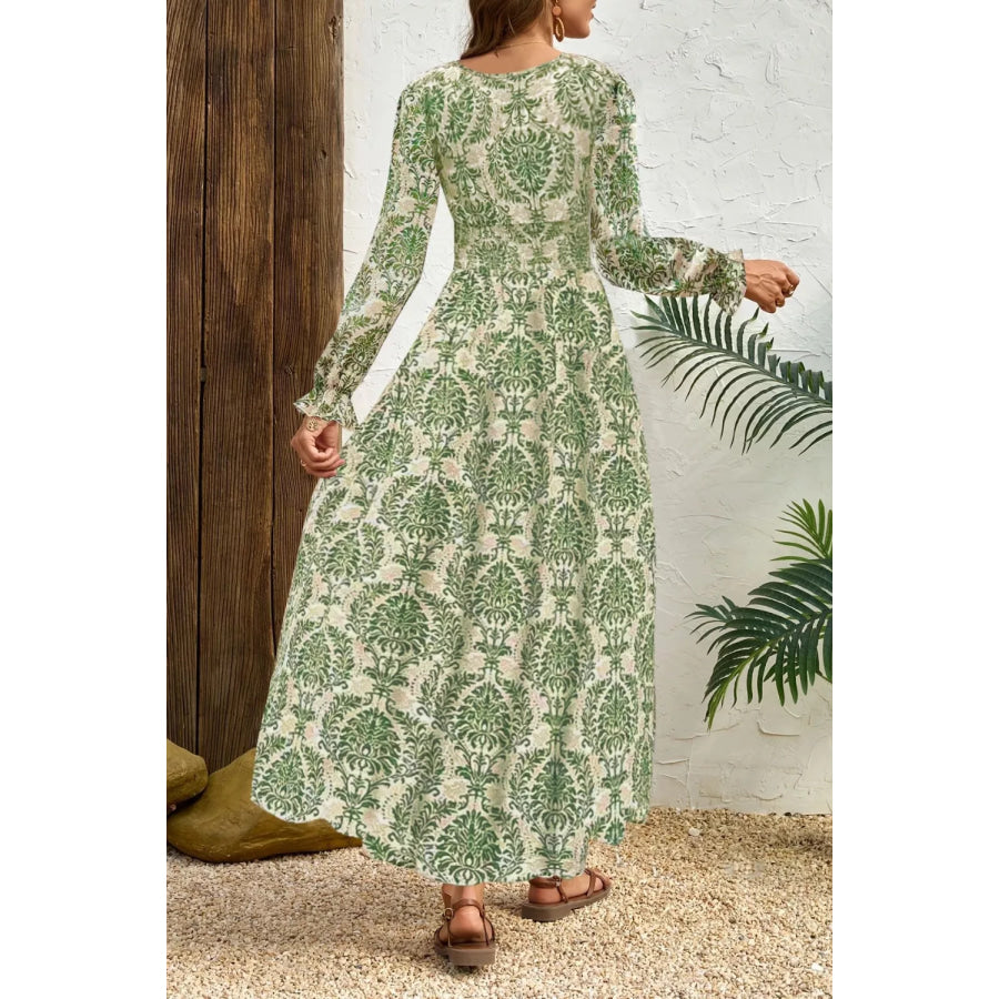 Printed V-Neck Long Sleeve Maxi Dress Apparel and Accessories