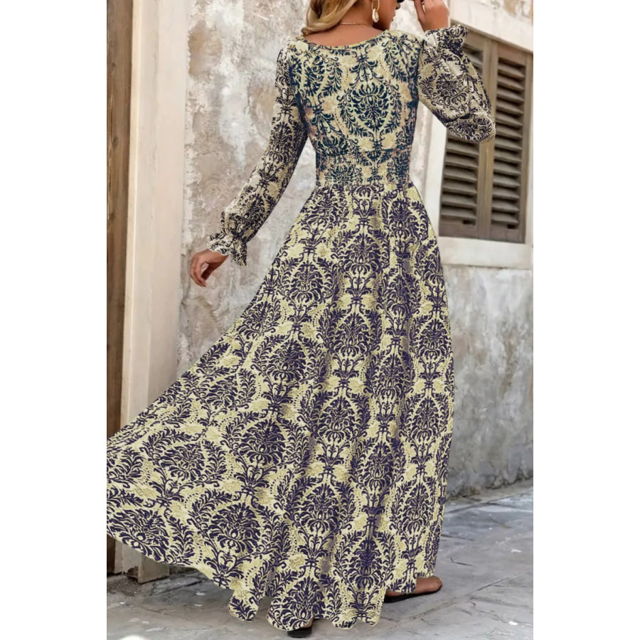 Printed V-Neck Long Sleeve Maxi Dress Apparel and Accessories