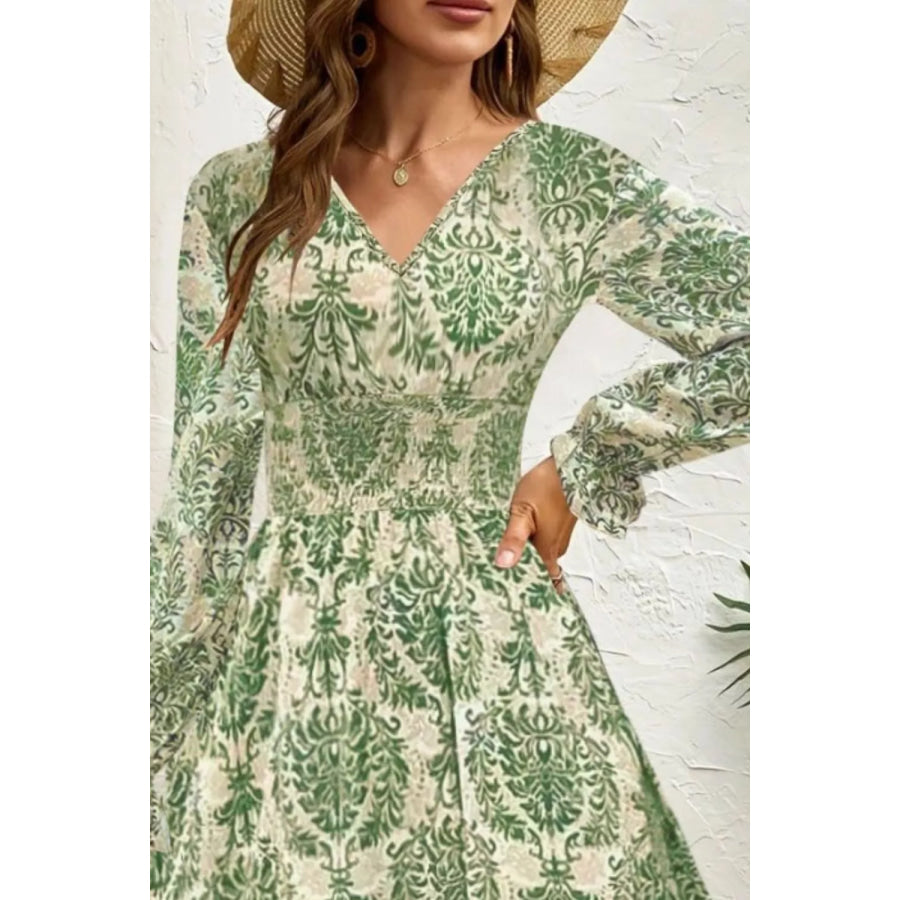 Printed V-Neck Long Sleeve Maxi Dress Apparel and Accessories