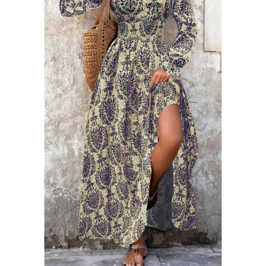 Printed V-Neck Long Sleeve Maxi Dress Apparel and Accessories