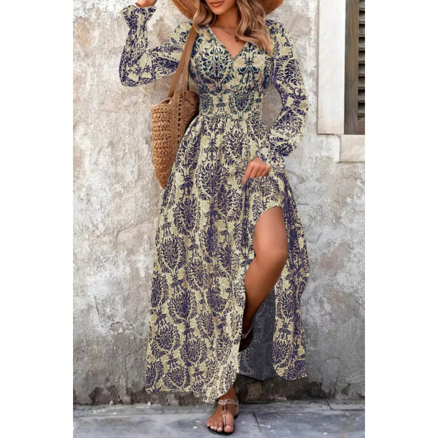 Printed V-Neck Long Sleeve Maxi Dress Navy / S Apparel and Accessories