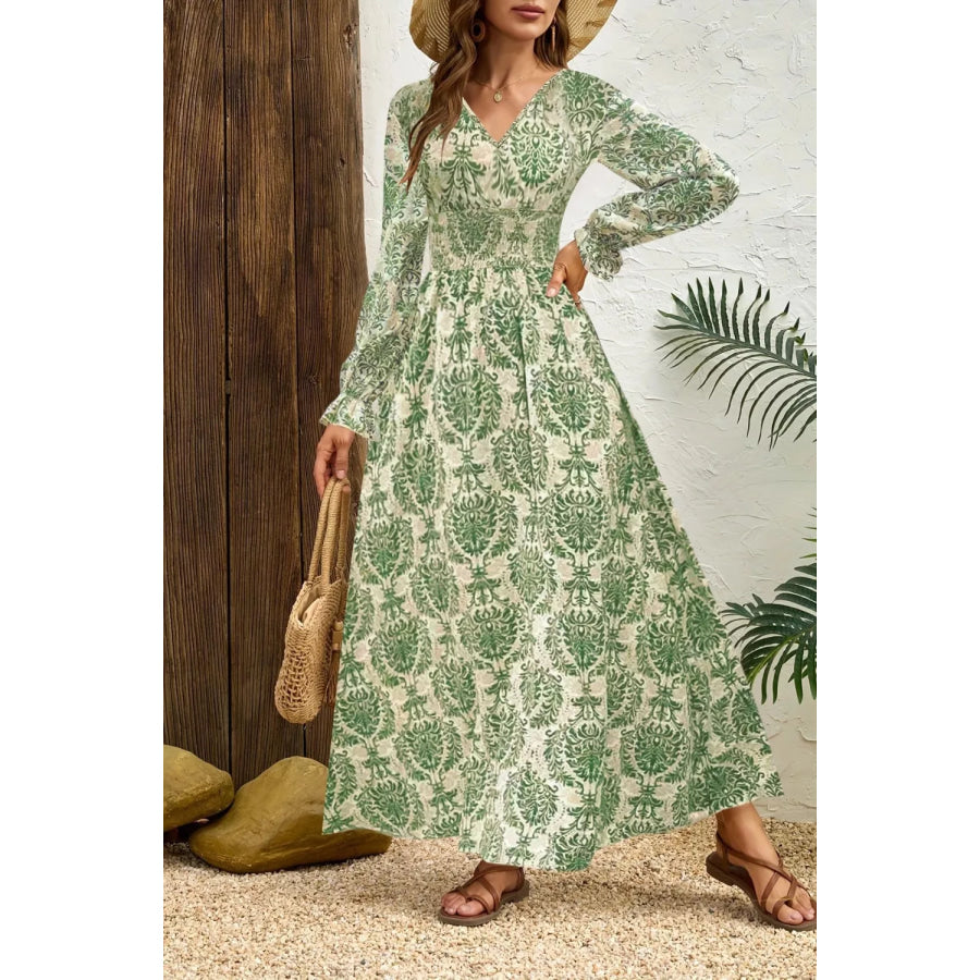 Printed V-Neck Long Sleeve Maxi Dress Sage / S Apparel and Accessories