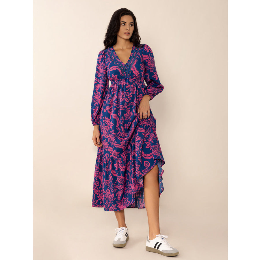 Printed V-Neck Long Sleeve Midi Dress Apparel and Accessories