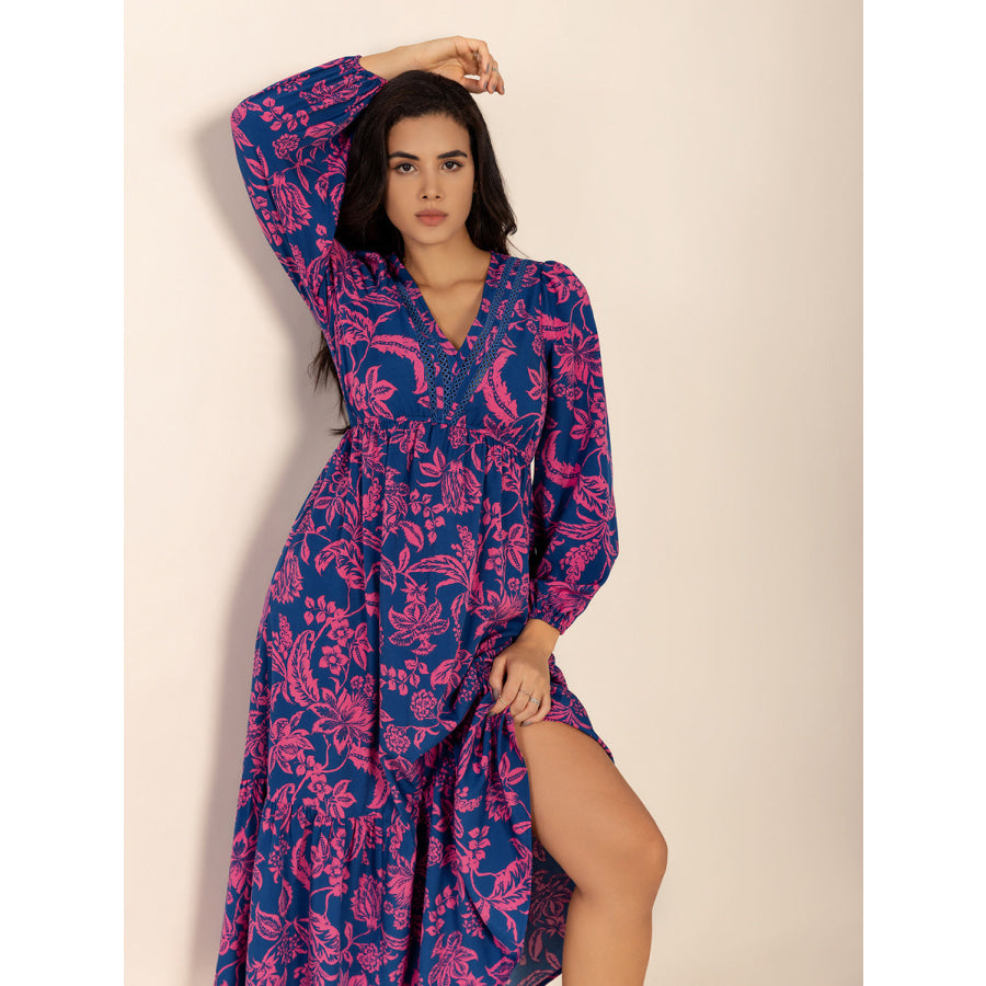 Printed V-Neck Long Sleeve Midi Dress Apparel and Accessories