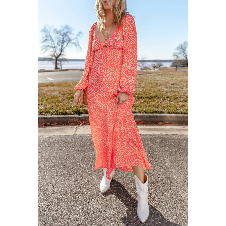 Printed V-Neck Long Sleeve Midi Dress Apparel and Accessories