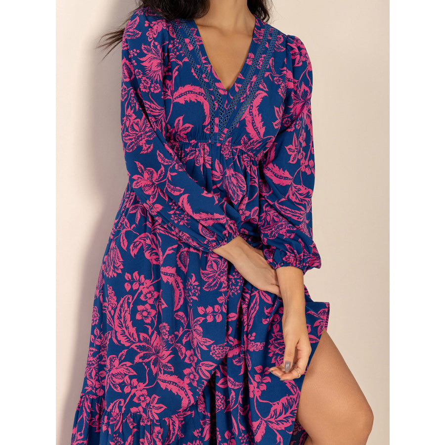 Printed V-Neck Long Sleeve Midi Dress Apparel and Accessories