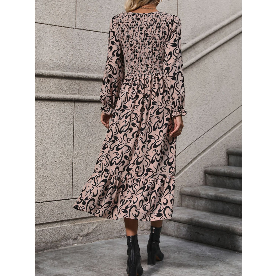 Printed V-Neck Long Sleeve Midi Dress Apparel and Accessories