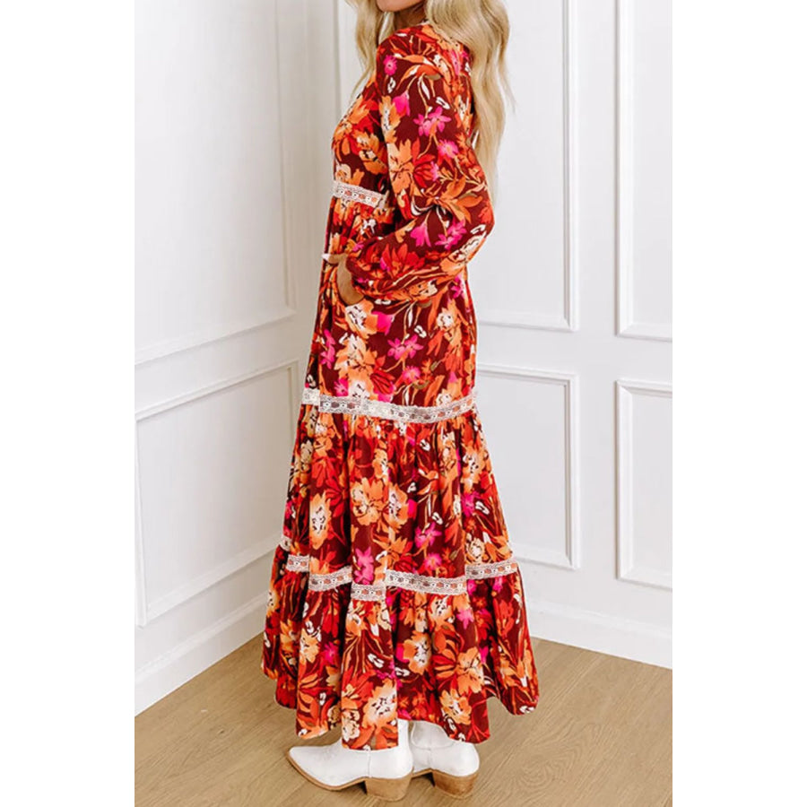 Printed V-Neck Long Sleeve Midi Dress Apparel and Accessories