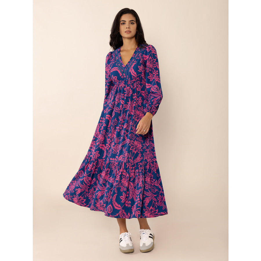 Printed V-Neck Long Sleeve Midi Dress Apparel and Accessories