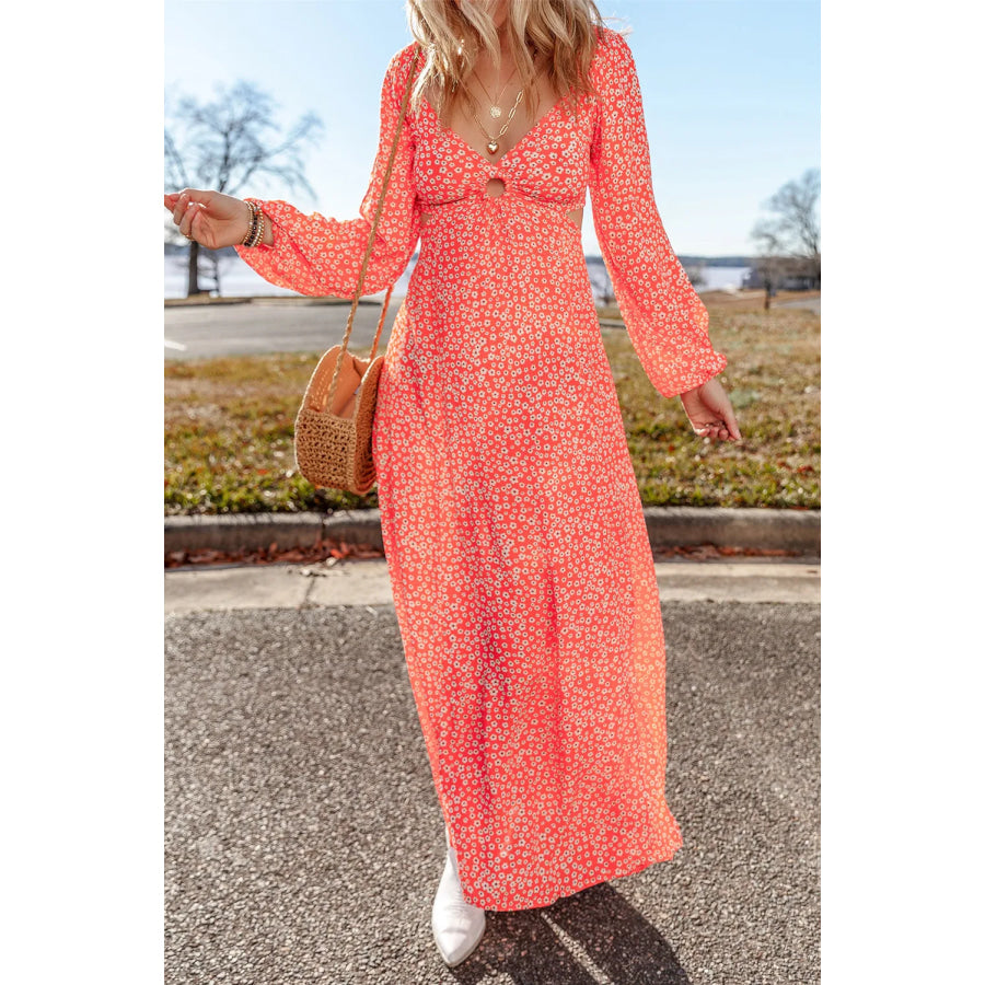 Printed V-Neck Long Sleeve Midi Dress Apparel and Accessories