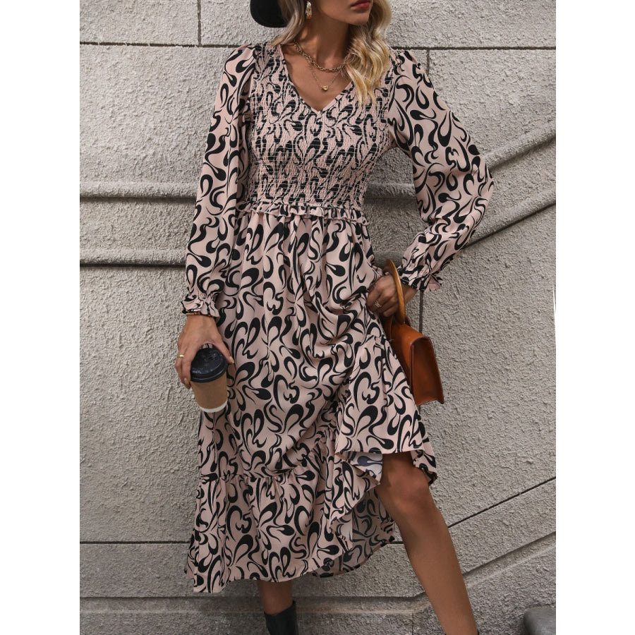 Printed V-Neck Long Sleeve Midi Dress Apparel and Accessories