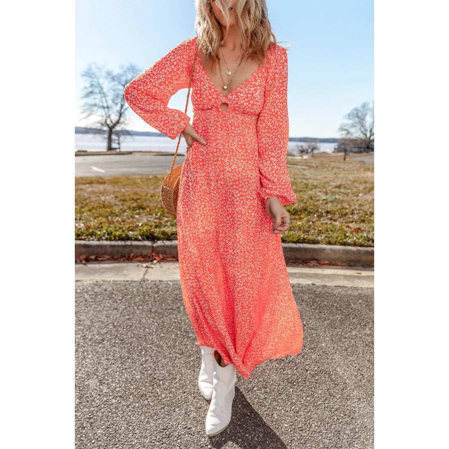 Printed V-Neck Long Sleeve Midi Dress Apparel and Accessories