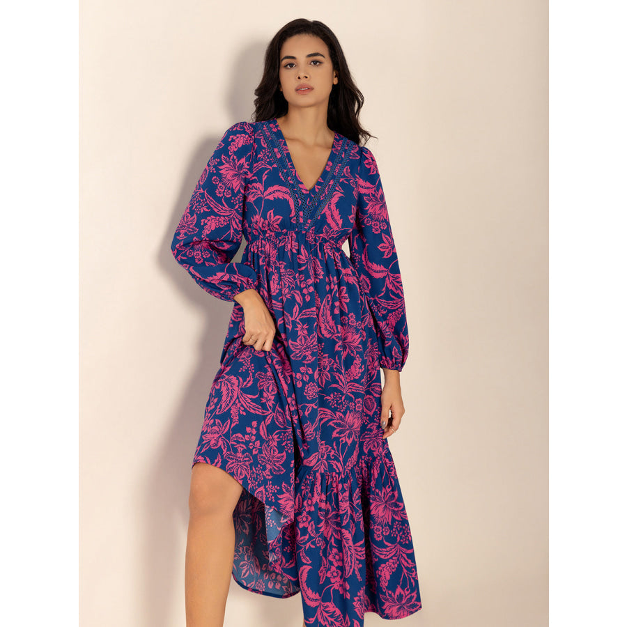 Printed V-Neck Long Sleeve Midi Dress Apparel and Accessories