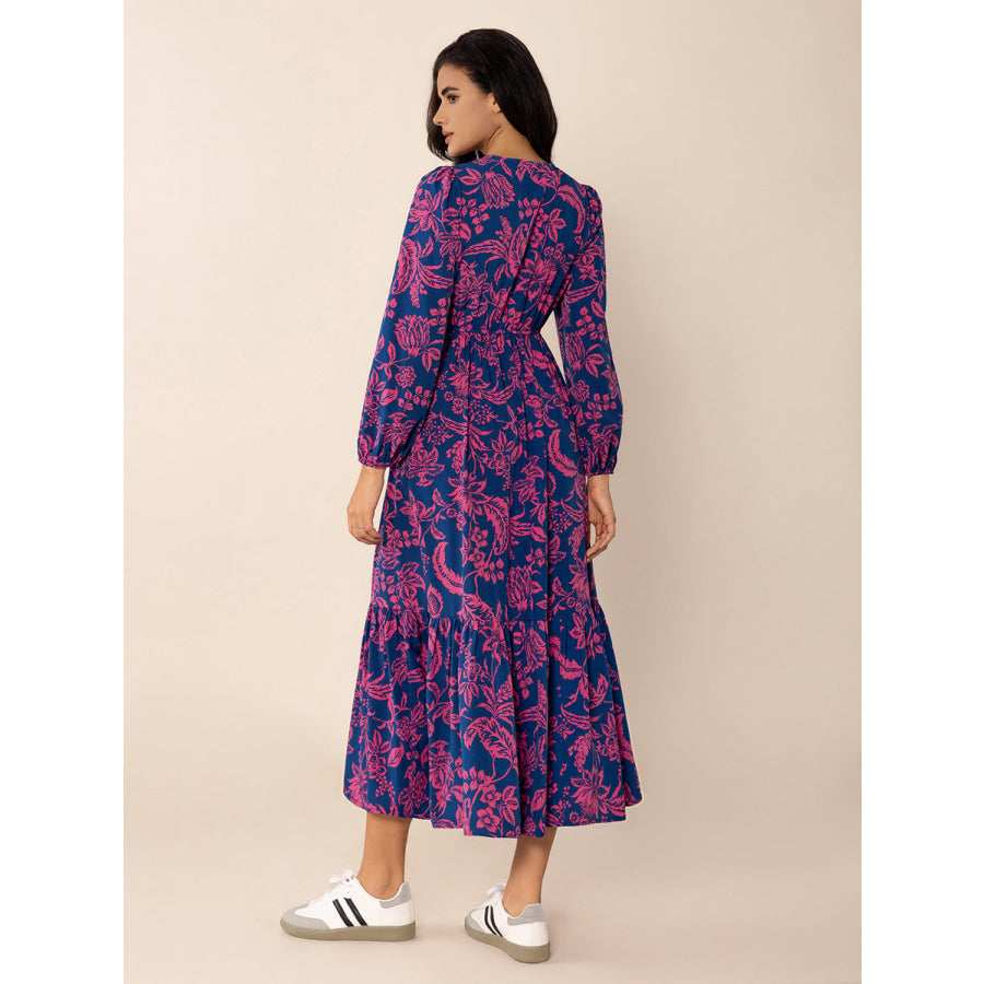 Printed V-Neck Long Sleeve Midi Dress Apparel and Accessories