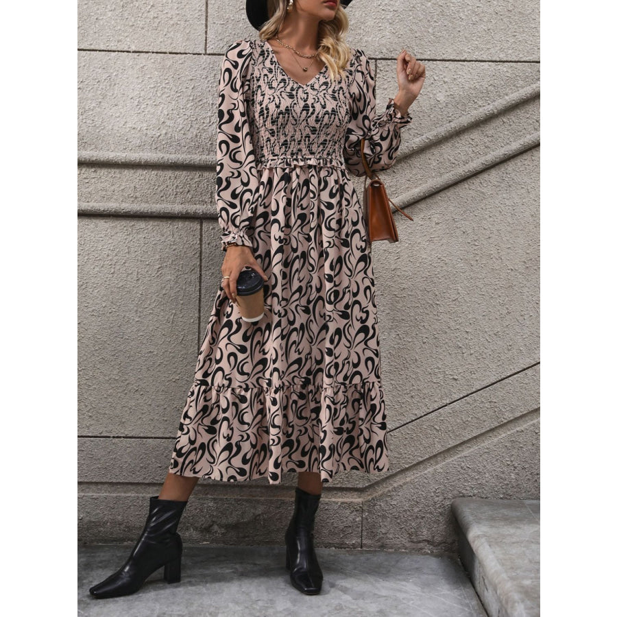 Printed V-Neck Long Sleeve Midi Dress Apparel and Accessories