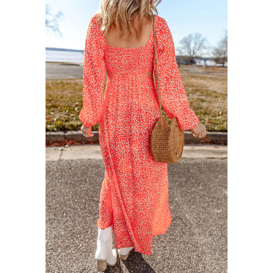 Printed V-Neck Long Sleeve Midi Dress Apparel and Accessories