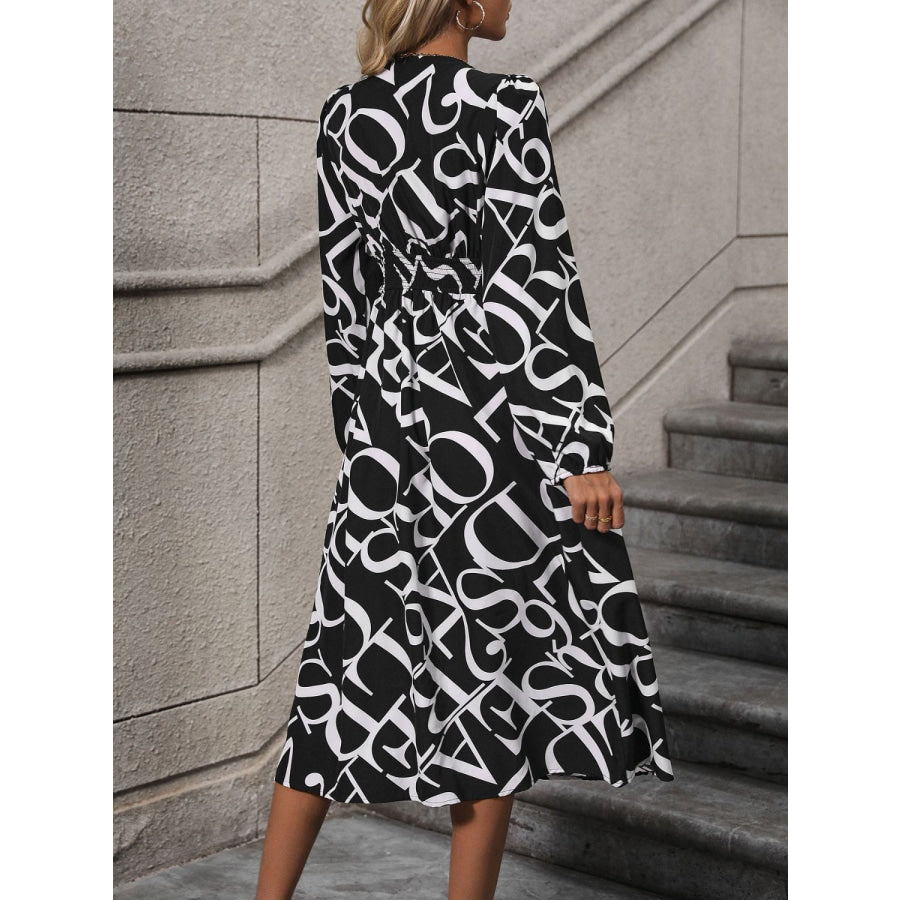 Printed V-Neck Long Sleeve Midi Dress Black / S Apparel and Accessories