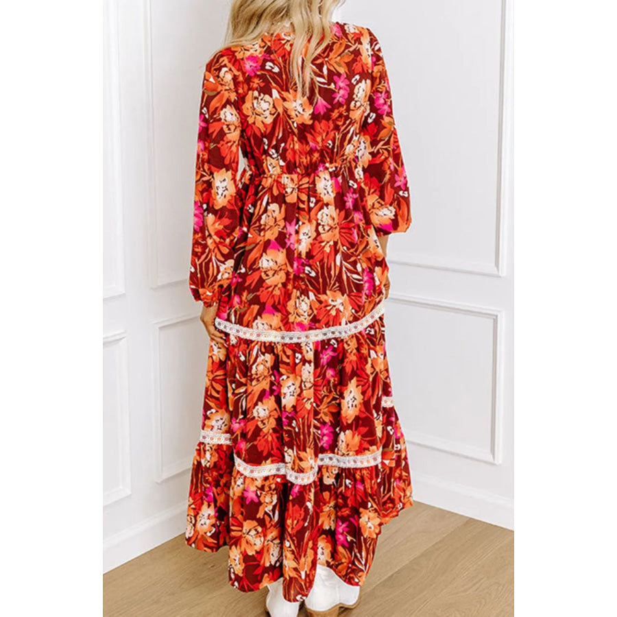 Printed V-Neck Long Sleeve Midi Dress Apparel and Accessories