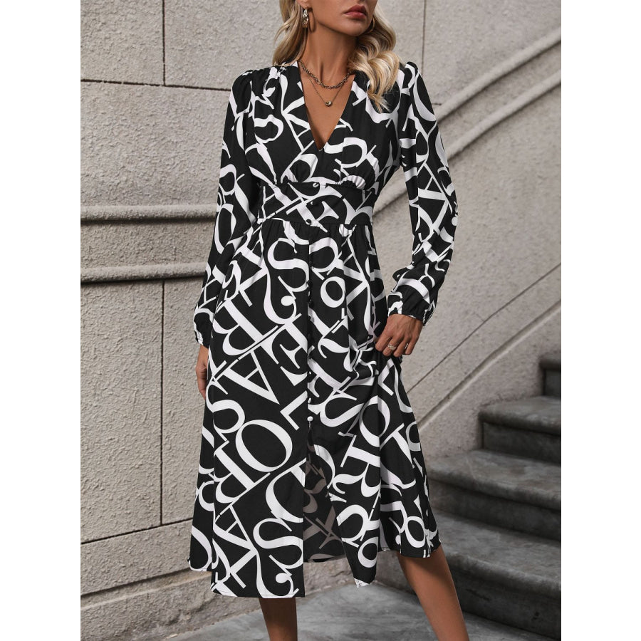 Printed V-Neck Long Sleeve Midi Dress Black / S Apparel and Accessories