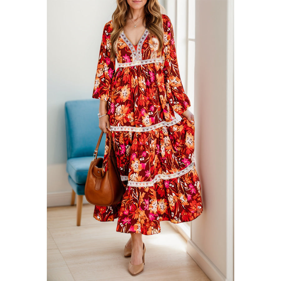 Printed V-Neck Long Sleeve Midi Dress Deep Red / S Apparel and Accessories