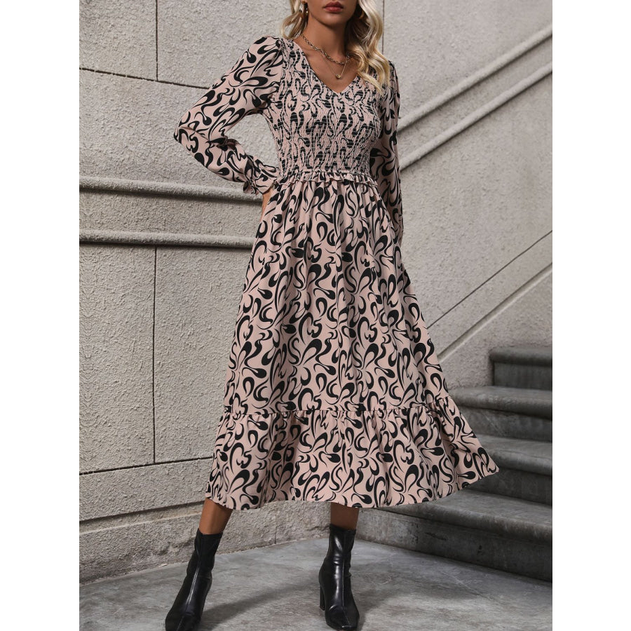 Printed V-Neck Long Sleeve Midi Dress Khaki / S Apparel and Accessories