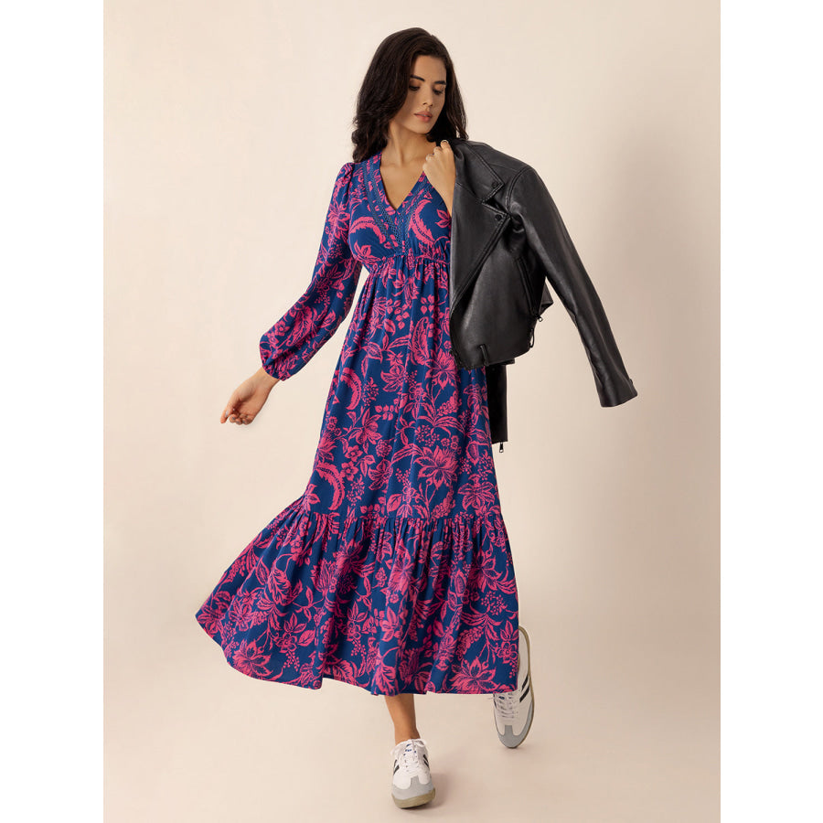 Printed V-Neck Long Sleeve Midi Dress Red-Violet / S Apparel and Accessories