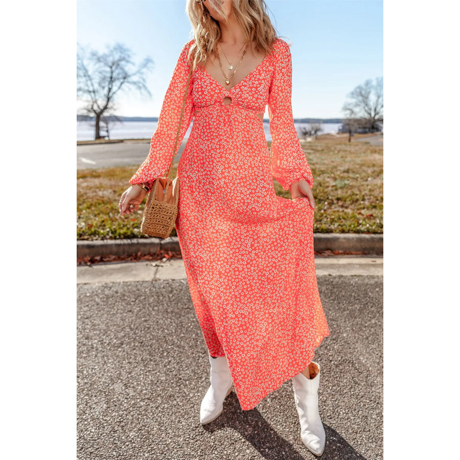 Printed V-Neck Long Sleeve Midi Dress Strawberry / S Apparel and Accessories