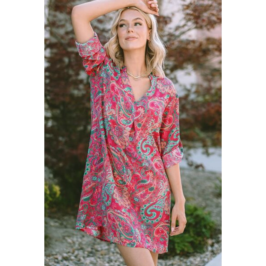 Printed V-Neck Long Sleeve Mini Dress Cerise / M Clothing