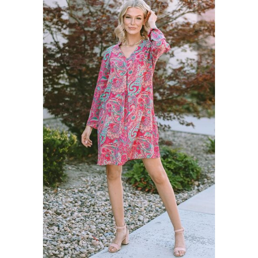 Printed V-Neck Long Sleeve Mini Dress Clothing