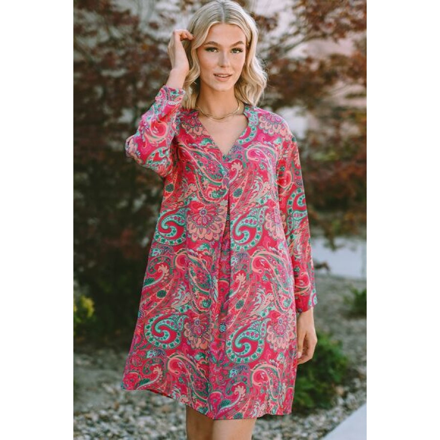 Printed V-Neck Long Sleeve Mini Dress Clothing