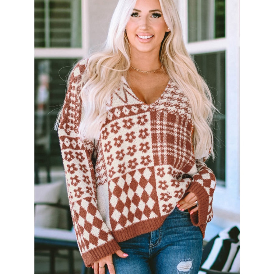 Printed V-Neck Long Sleeve Sweater Camel / S