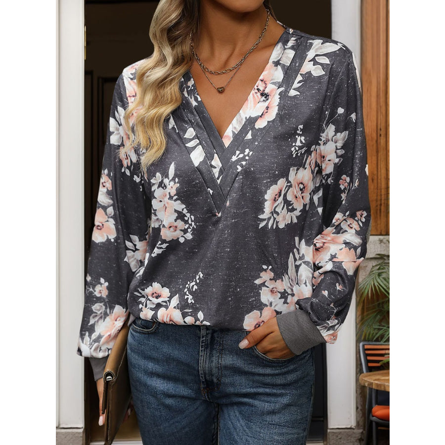 Printed V-Neck Long Sleeve Sweatshirt Apparel and Accessories