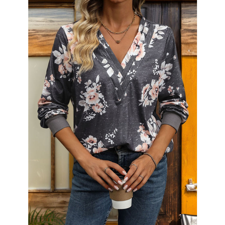Printed V-Neck Long Sleeve Sweatshirt Apparel and Accessories