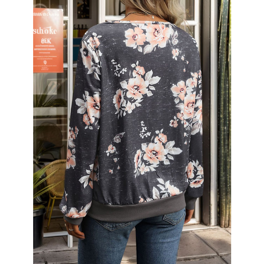 Printed V-Neck Long Sleeve Sweatshirt Dark Gray / S Apparel and Accessories