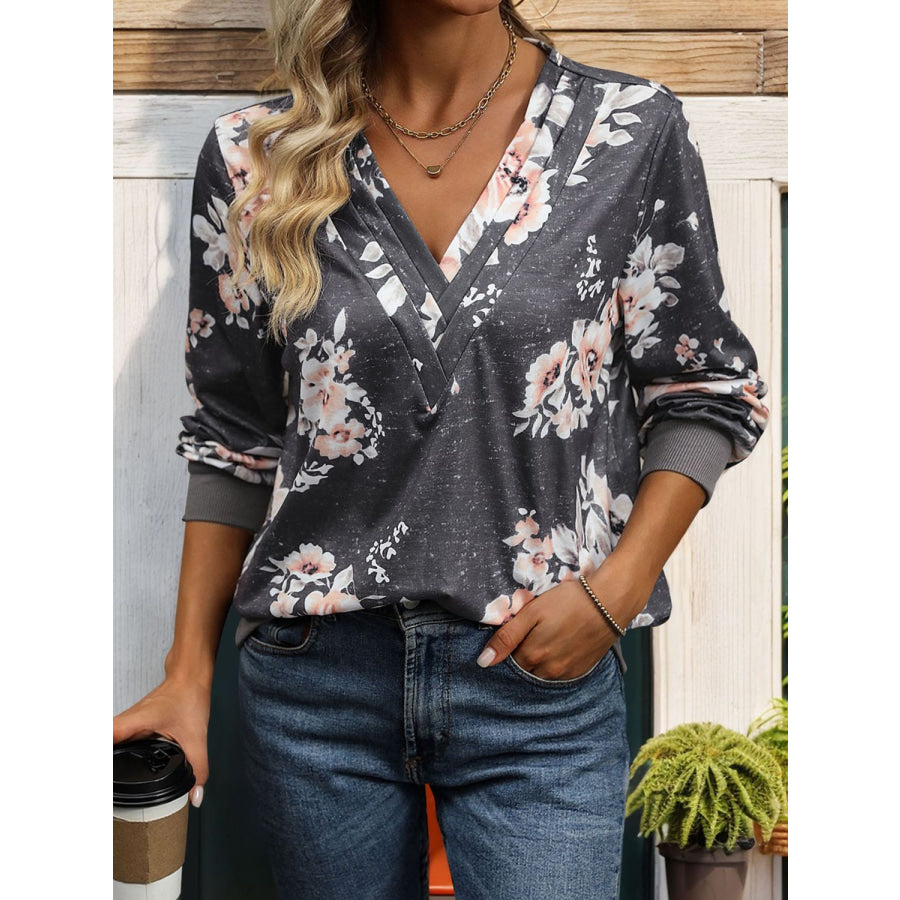 Printed V-Neck Long Sleeve Sweatshirt Apparel and Accessories