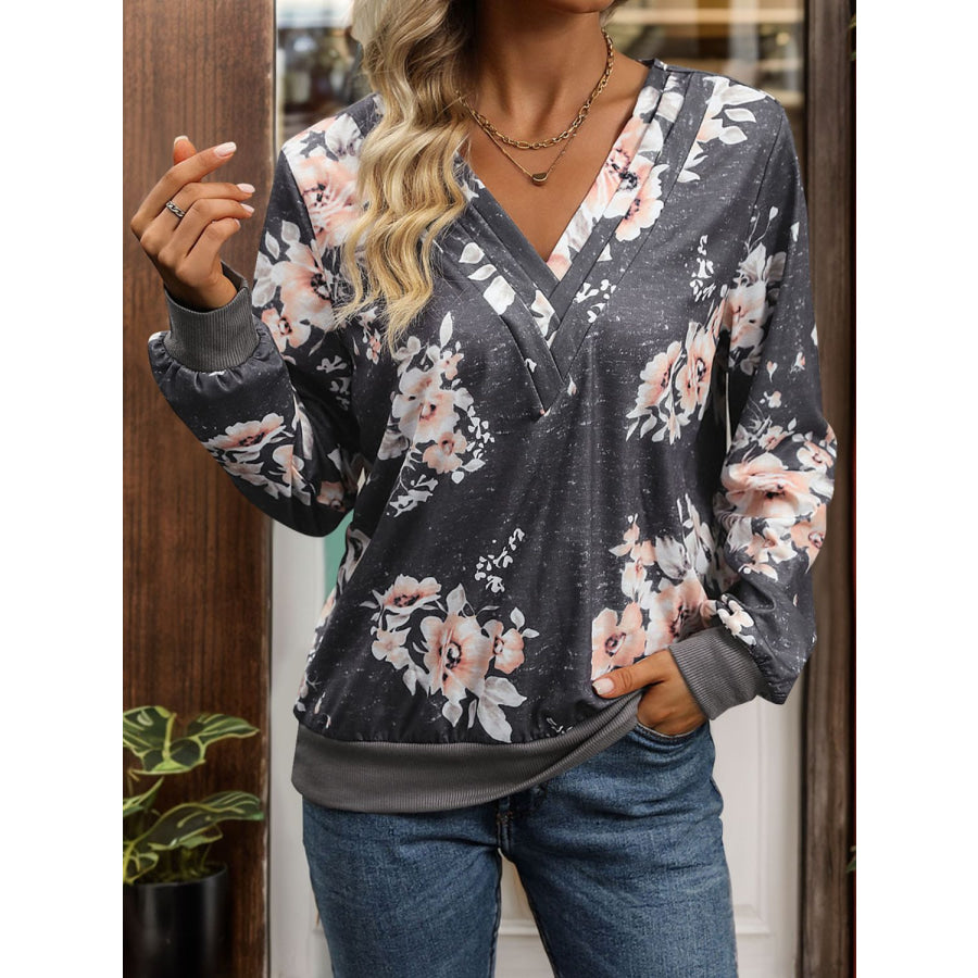 Printed V-Neck Long Sleeve Sweatshirt Dark Gray / S Apparel and Accessories