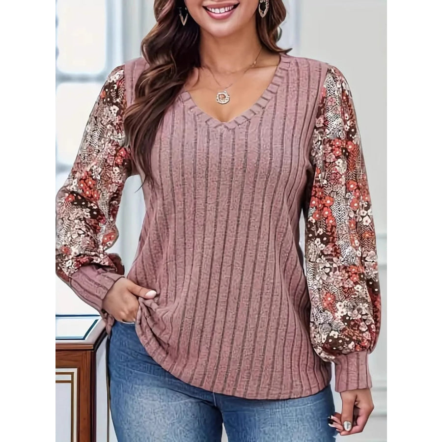 Printed V-Neck Long Sleeve T-Shirt Dusty Pink / S Apparel and Accessories